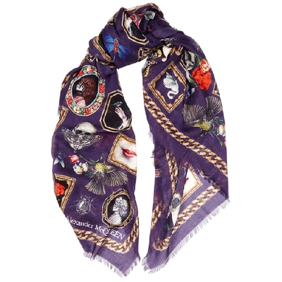 Shop Alexander Mcqueen Cameo And Curiosities Printed Modal-blend Scarf In Burgundy