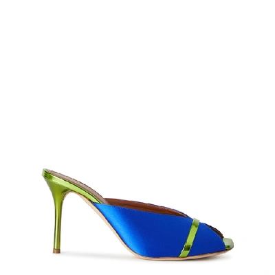 Shop Malone Souliers Lucia 85 Blue Satin And Leather Mules