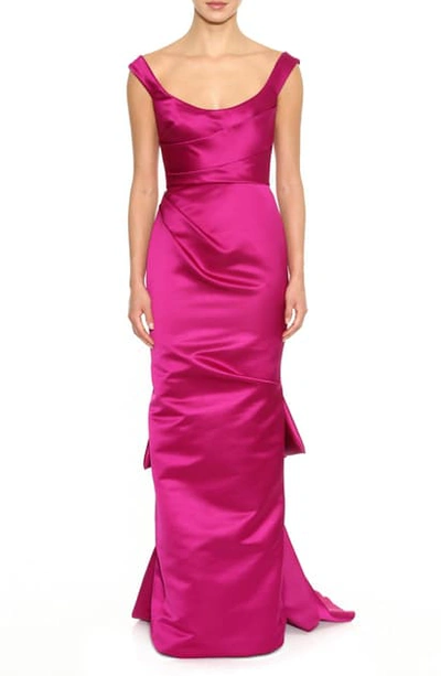 Shop Marchesa Bow Train Silk Satin Gown In Orchid