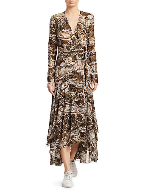 ganni printed mesh wrap dress