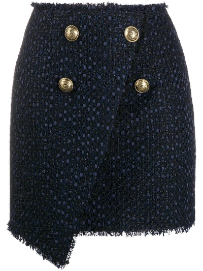 Shop Balmain Asymmetric Wraparound Tweed Skirt In Blue