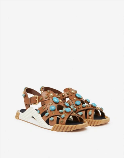 Shop Dolce & Gabbana Ns1 Sandals In Cowhide With Stone Embroidery In Multicolored