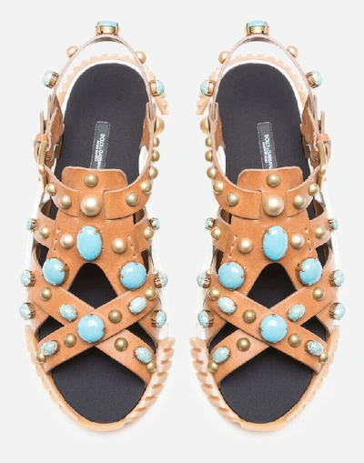 Shop Dolce & Gabbana Ns1 Sandals In Cowhide With Stone Embroidery In Multicolored