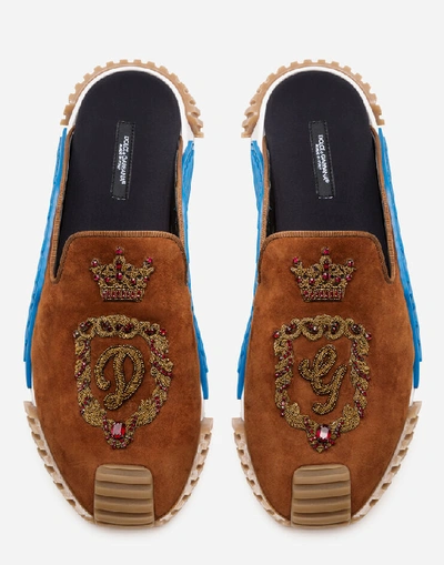Shop Dolce & Gabbana Ns1 Suede Slippers With Heraldic Embroidery