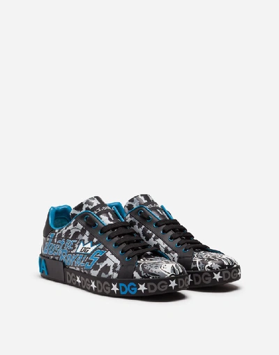 Shop Dolce & Gabbana Calfskin Nappa Portofino Sneakers With Jungle Sport Print In Multicolor