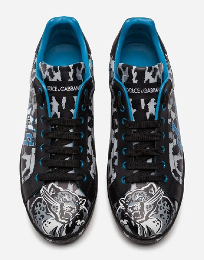 Shop Dolce & Gabbana Calfskin Nappa Portofino Sneakers With Jungle Sport Print In Multicolor