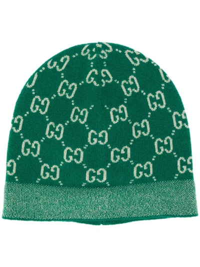 Shop Gucci Teen Gg Logo-print Beanie In Green