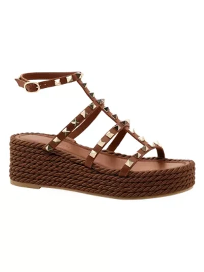 Shop Valentino Rockstud Espadrille Platform Wedges In Brown