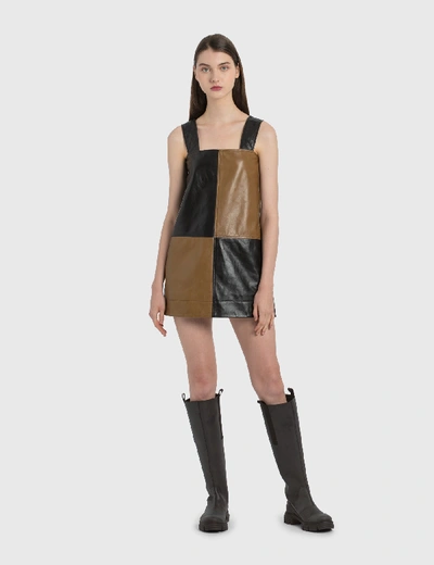 Shop Ganni Lamb Leather Strap Dress In Black/brown