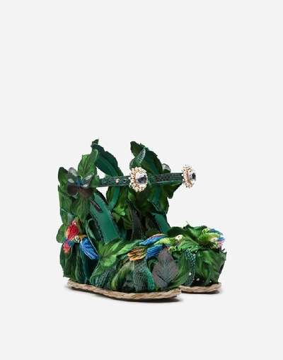 Shop Dolce & Gabbana Wedge Sandals In Wicker And Python With Leaves And Appliqué