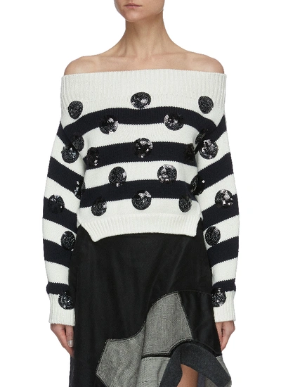 Shop Monse Sequin Embellished Dot Off Shoulder Knit Top In Black,white