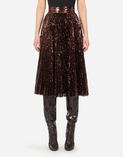 Shop Dolce & Gabbana Midi Plisse Skirt With Sequins In Brown