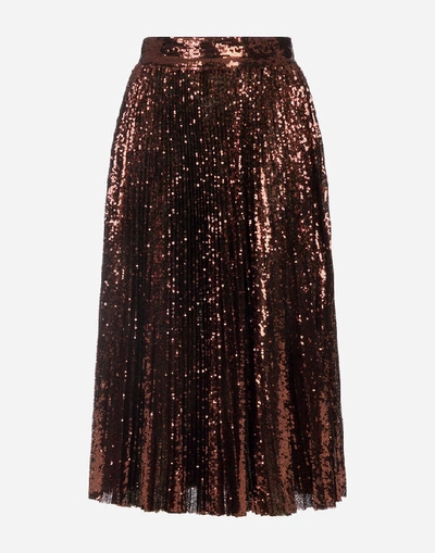 Shop Dolce & Gabbana Midi Plisse Skirt With Sequins In Brown