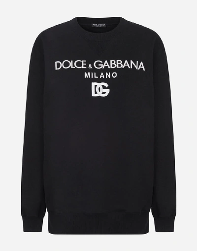 Shop Dolce & Gabbana Emboidered Round-neck Sweatshirt In Printed Jersey In Black