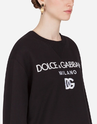 Shop Dolce & Gabbana Emboidered Round-neck Sweatshirt In Printed Jersey In Black
