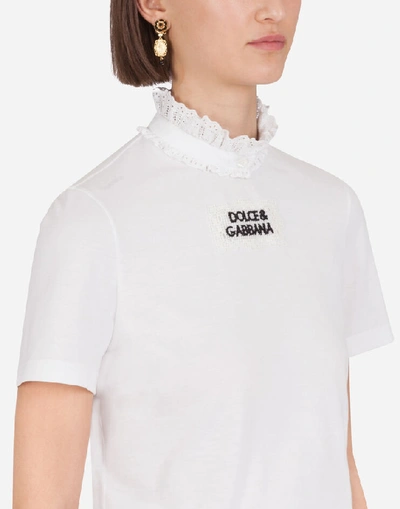 Shop Dolce & Gabbana Jersey T-shirt With Embroidery And A Lace Collar In White