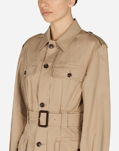 Shop Dolce & Gabbana Single-breasted Safari Jacket In Gabardine With Belt In Beige