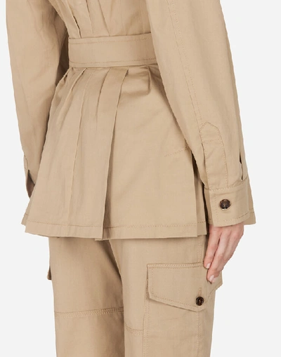 Shop Dolce & Gabbana Single-breasted Safari Jacket In Gabardine With Belt In Beige