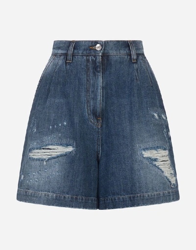 Shop Dolce & Gabbana Deep Blue Denim Shorts With Rips