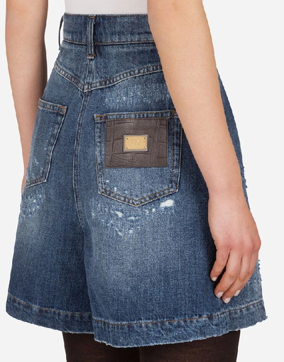 Shop Dolce & Gabbana Deep Blue Denim Shorts With Rips