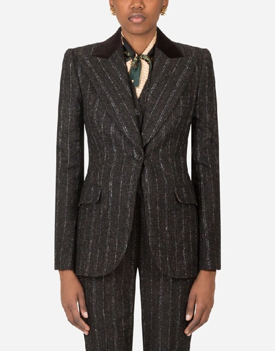 Shop Dolce & Gabbana Single-breasted Jacket In Pinstripe Wool With Velvet Collar