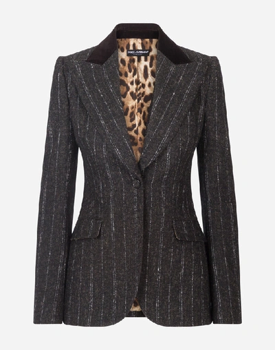 Shop Dolce & Gabbana Single-breasted Jacket In Pinstripe Wool With Velvet Collar
