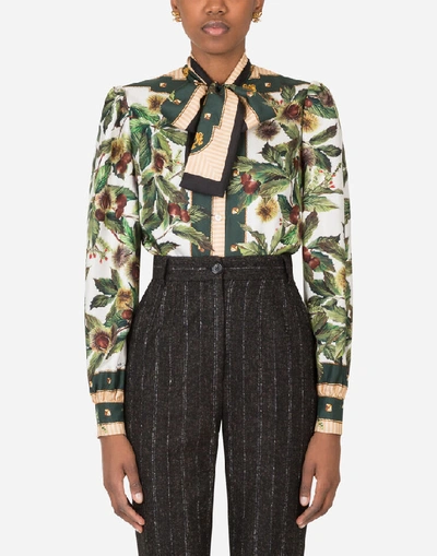 Shop Dolce & Gabbana Chestnut Print Shirt In Twill With Bow