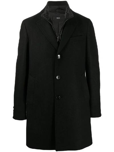 Hugo Boss Layered Single-breasted Coat In Black