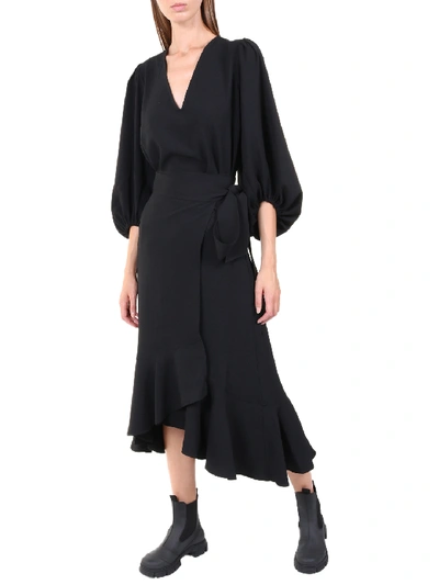 Shop Ganni Crepe Wrap Skirt In Black