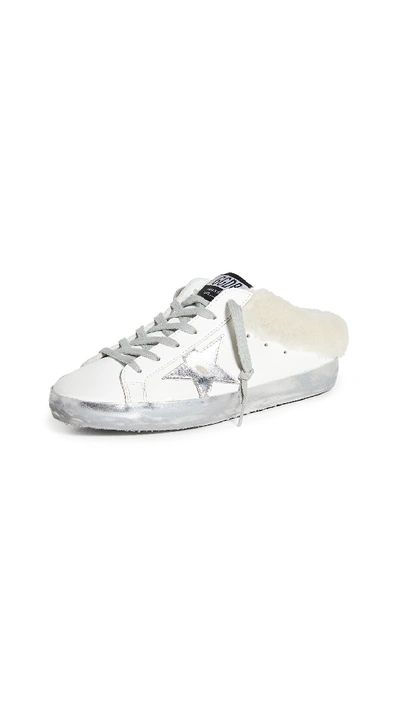 Shop Golden Goose Sabot Shearling Trainers In White/silver/beige