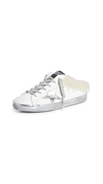 Golden Goose Superstar Sabot Shearling-trimmed Leather Trainers In White/silver/beige