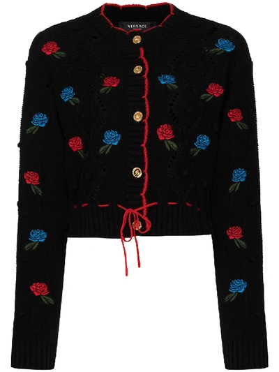 Shop Versace Rose Embroidered Cardigan In Black