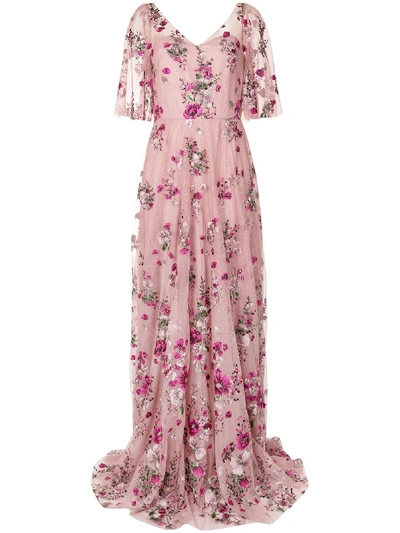 Shop Marchesa Notte Floral Embroidered Glitter Tulle Gown In Pink