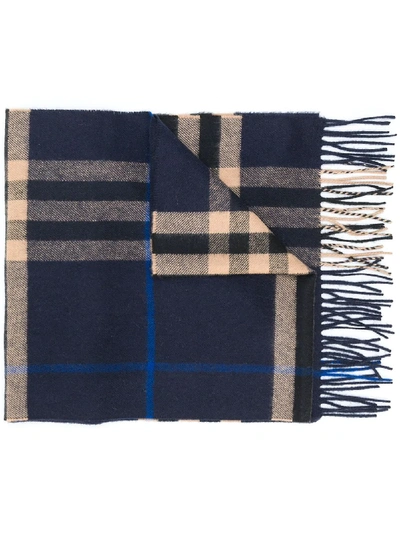 Shop Burberry Check-pattern Fringe Scarf In Blue