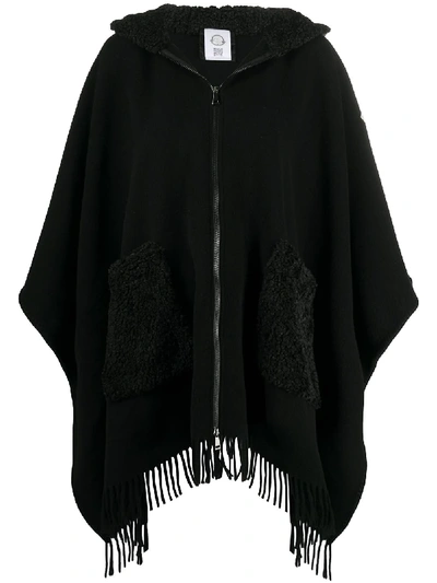 Shop Moncler Shearling-trim Hooded Poncho In Black