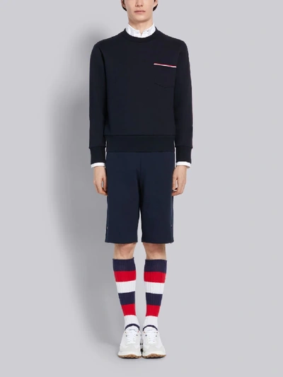 Shop Thom Browne Navy Classic Loopback Stripe Pocket Crewneck Sweatshirt In Blue