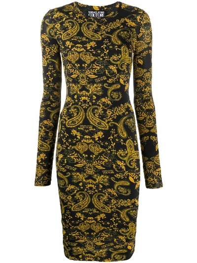 Shop Versace Jeans Couture Paisley-print Fitted Dress  In Black ,yellow