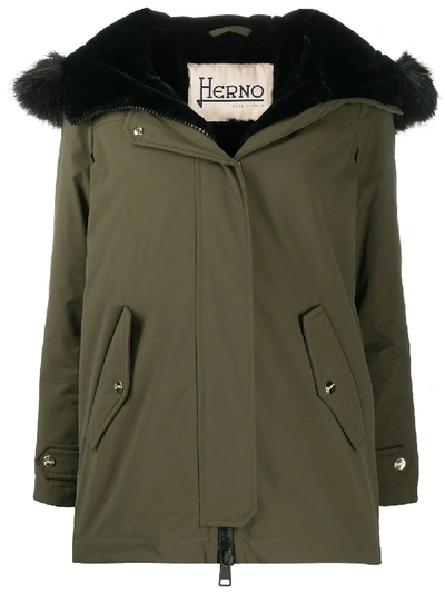 Shop Herno Green Parka Coat With Faux Fur Hood