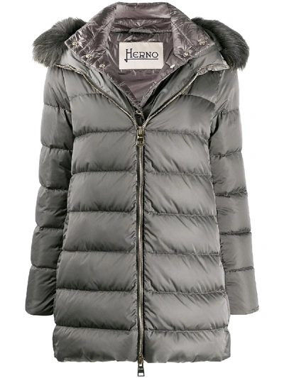 Shop Herno Feather Down Padded Jacket With Faux Fur Trimmed Hood In Grey