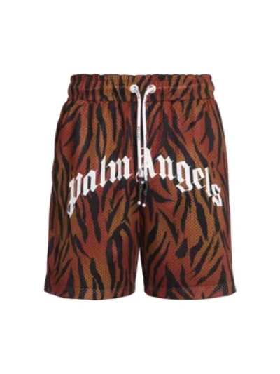 Shop Palm Angels Tiger-print Mesh Shorts In Brown White