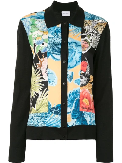 Shop Ferragamo Floral Printed Collared Cardigan In Black