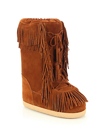 Shop Aquazzura Boho Carly Fringed Suede Shearling-lined Boots In Brown
