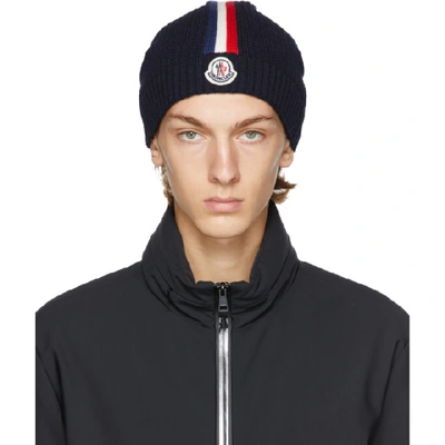 Shop Moncler Navy Wool Beanie In 742 Blue
