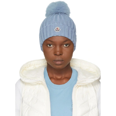 Shop Moncler Blue Fur Pom Pom Beanie In 714 Blue