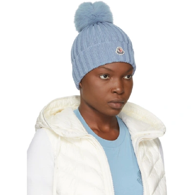 Shop Moncler Blue Fur Pom Pom Beanie In 714 Blue