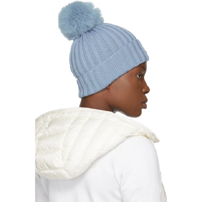 Shop Moncler Blue Fur Pom Pom Beanie In 714 Blue