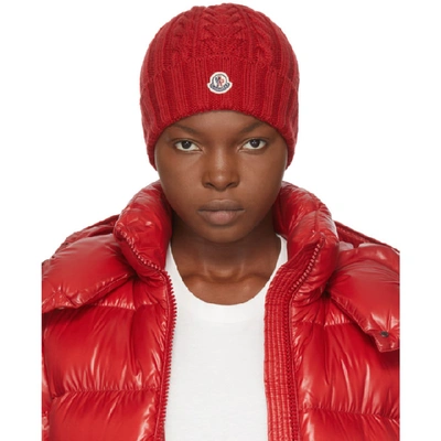 Shop Moncler Red Wool Logo Beanie In 472 Red