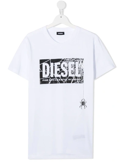 Shop Diesel Teen Spider Logo Print T-shirt In White