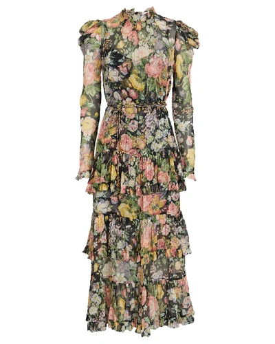 Shop Zimmermann Ladybeetle Ruffled Floral Midi Dress In Multi