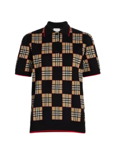 Shop Burberry Women's Jennifer Checkerboard Wool-blend Polo Shirt In Black Archieve Beige